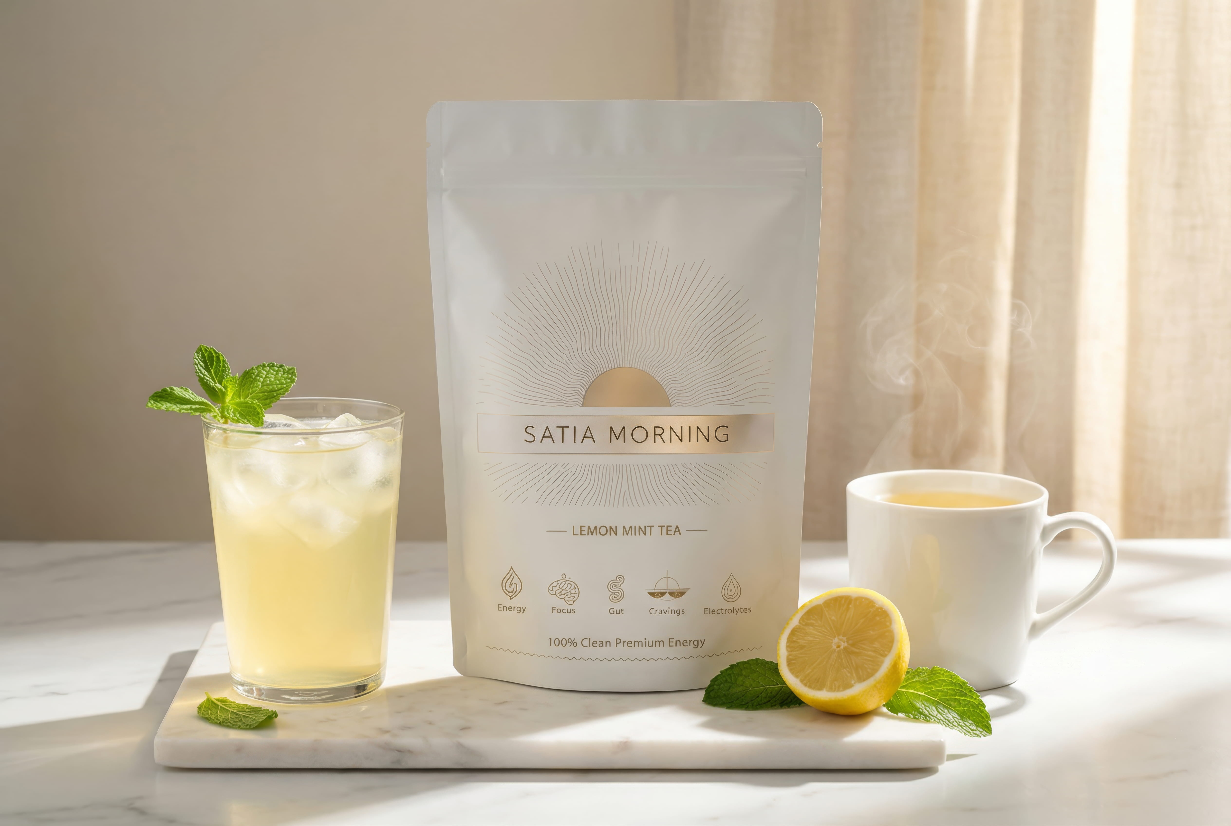 Satia Morning lemon mint tea pouch with frothy green mug on marble surface