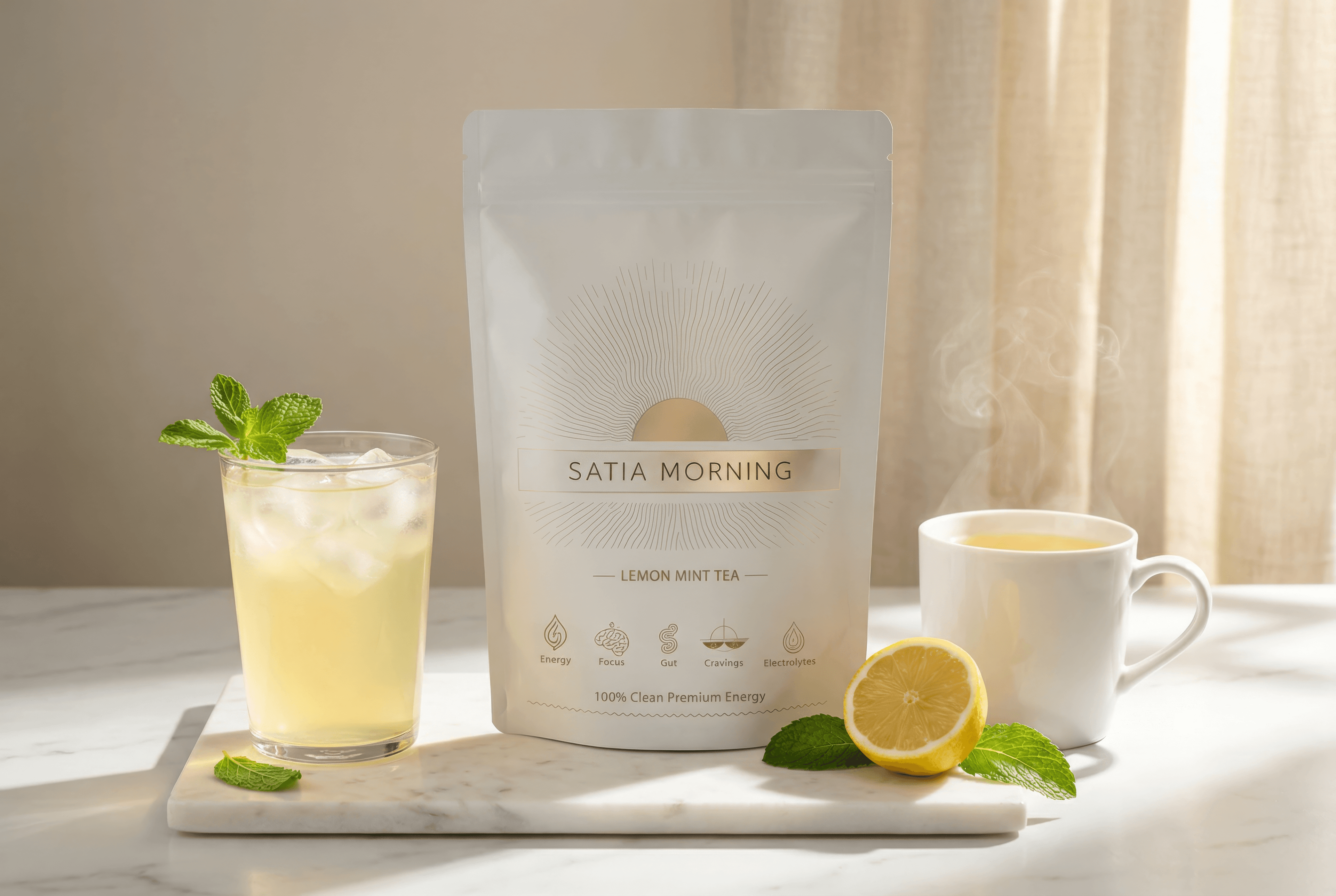 Satia Morning lemon mint tea with iced glass and hot mug