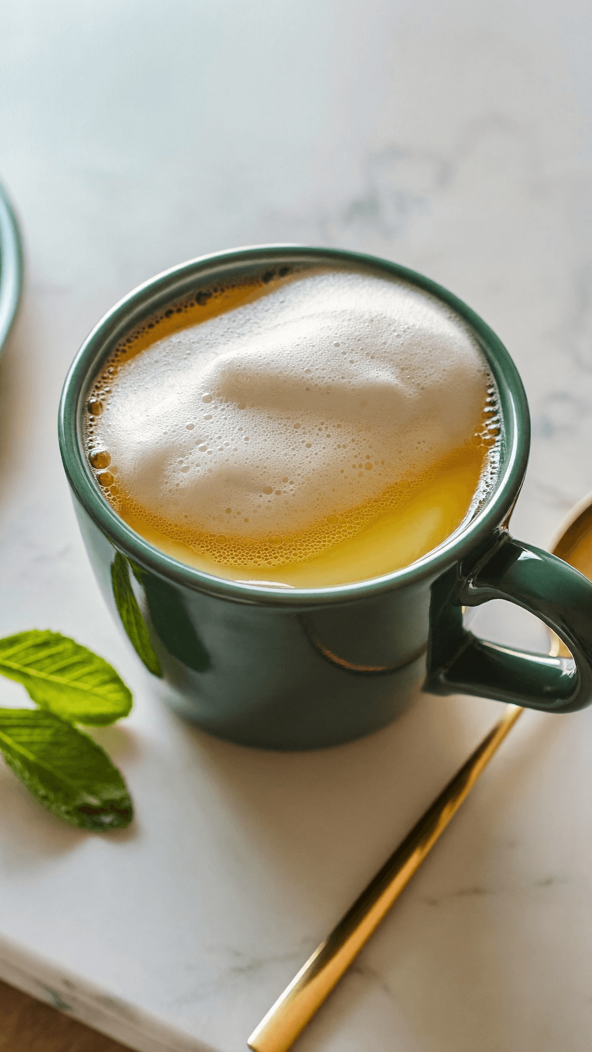 Satia Morning lemon mint frothy drink in a ceramic mug with fresh mint leaf and gold spoon