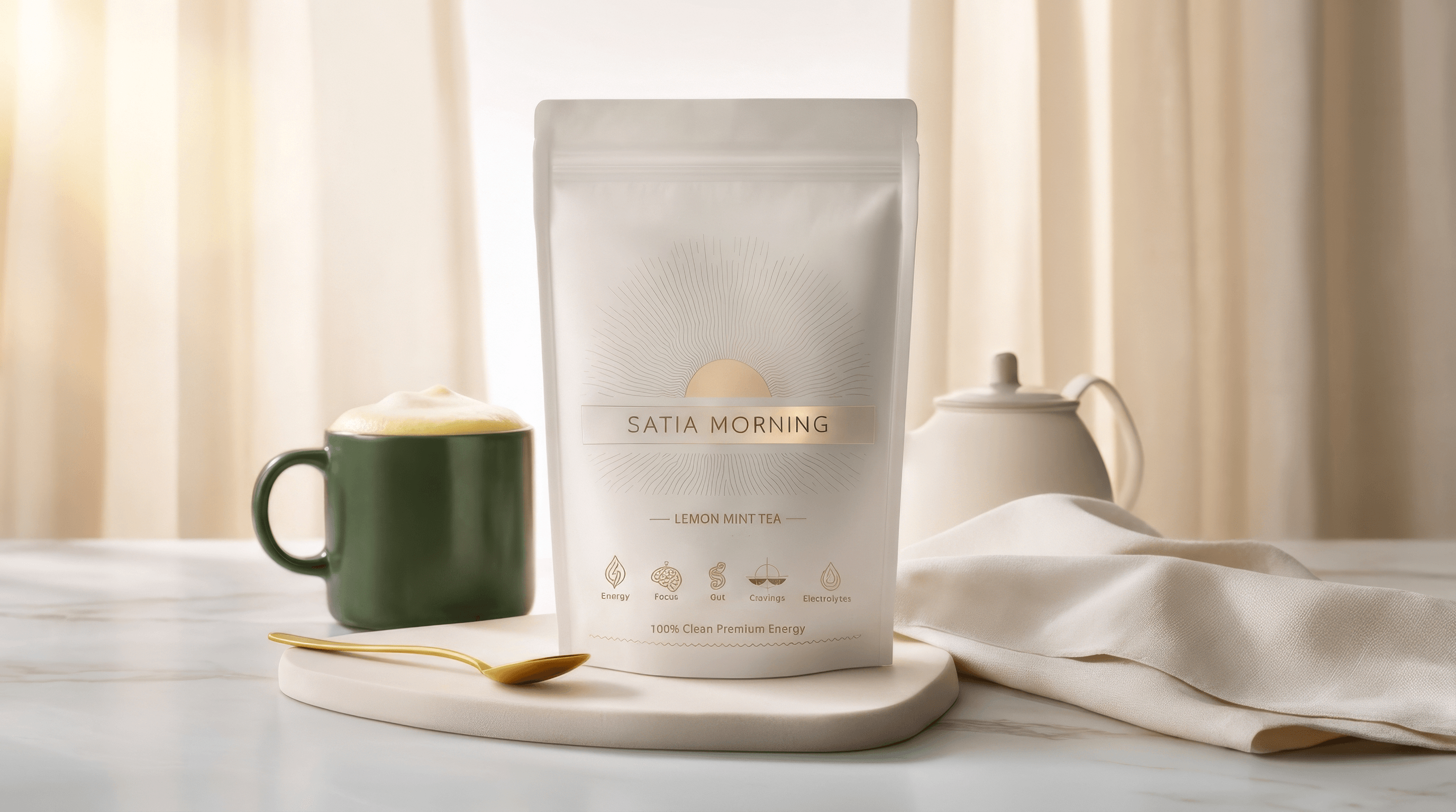 Satia Morning lemon mint tea pouch with frothy green mug on marble surface